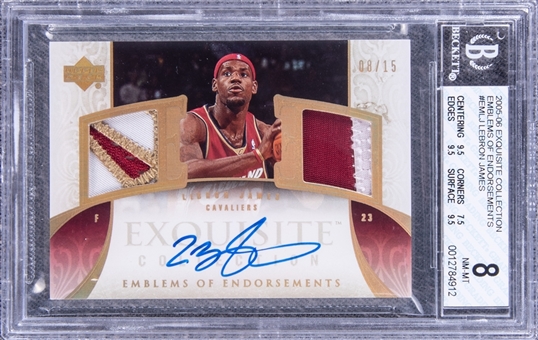 2005-06 UD "Exquisite Collection" Emblems of Endorsements #EMLJ LeBron James Signed Game Used Patch Card (#08/15) - BGS NM-MT 8/BGS 10
